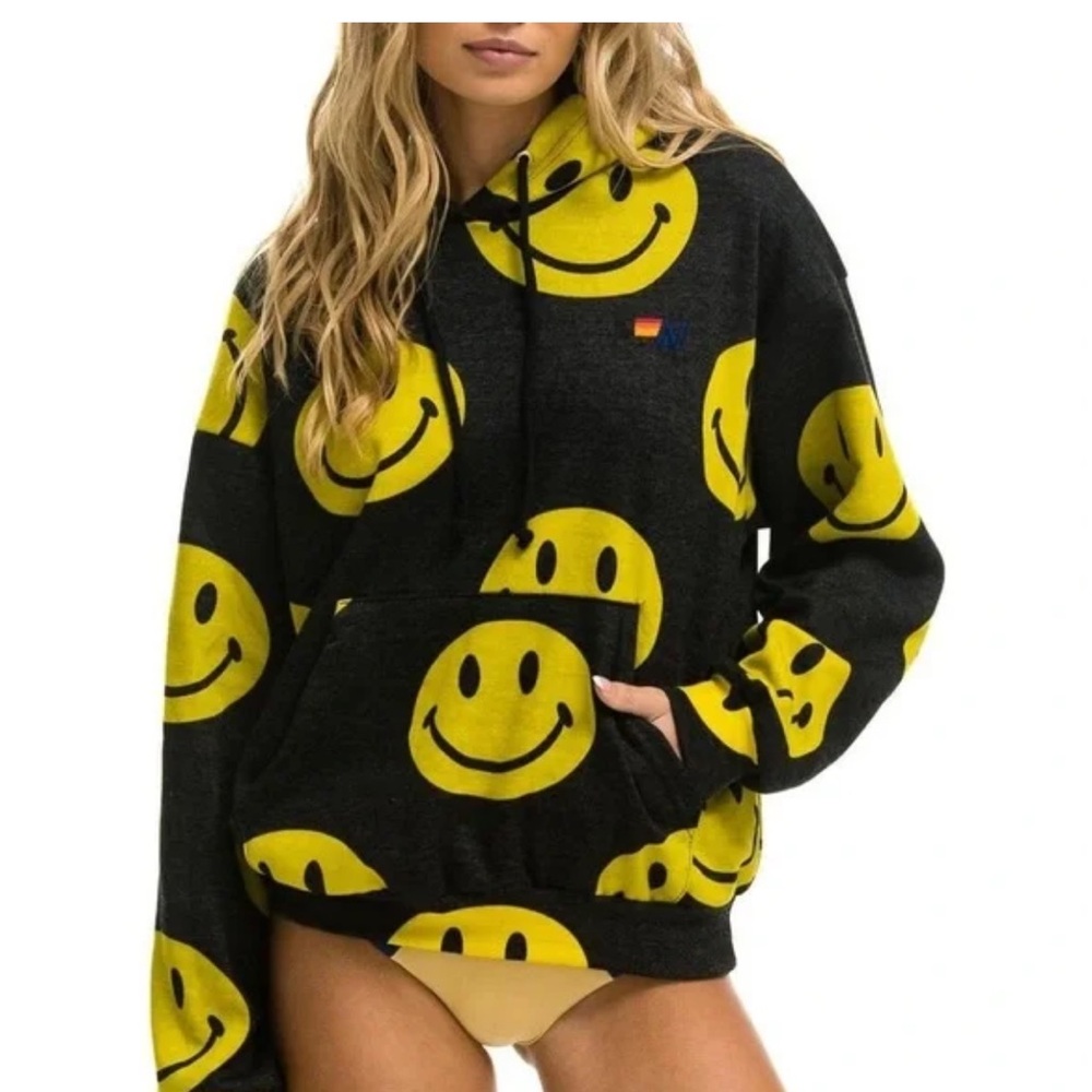 Aviator Nation Charcoal Hoodie with Yellow Smiley Faces